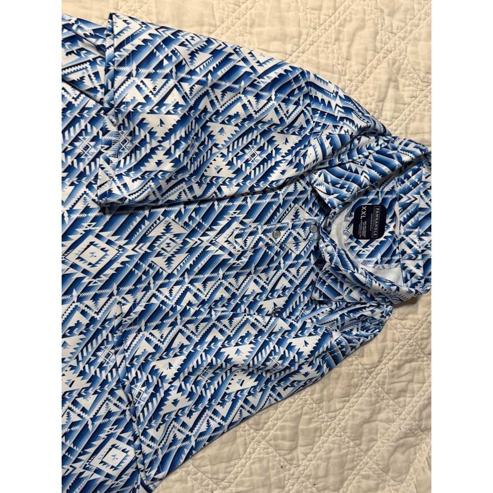 Panhandle Performance Mens XXL Blue White Aztec Southwestern Snap Polo Shirt - Picture 7 of 13